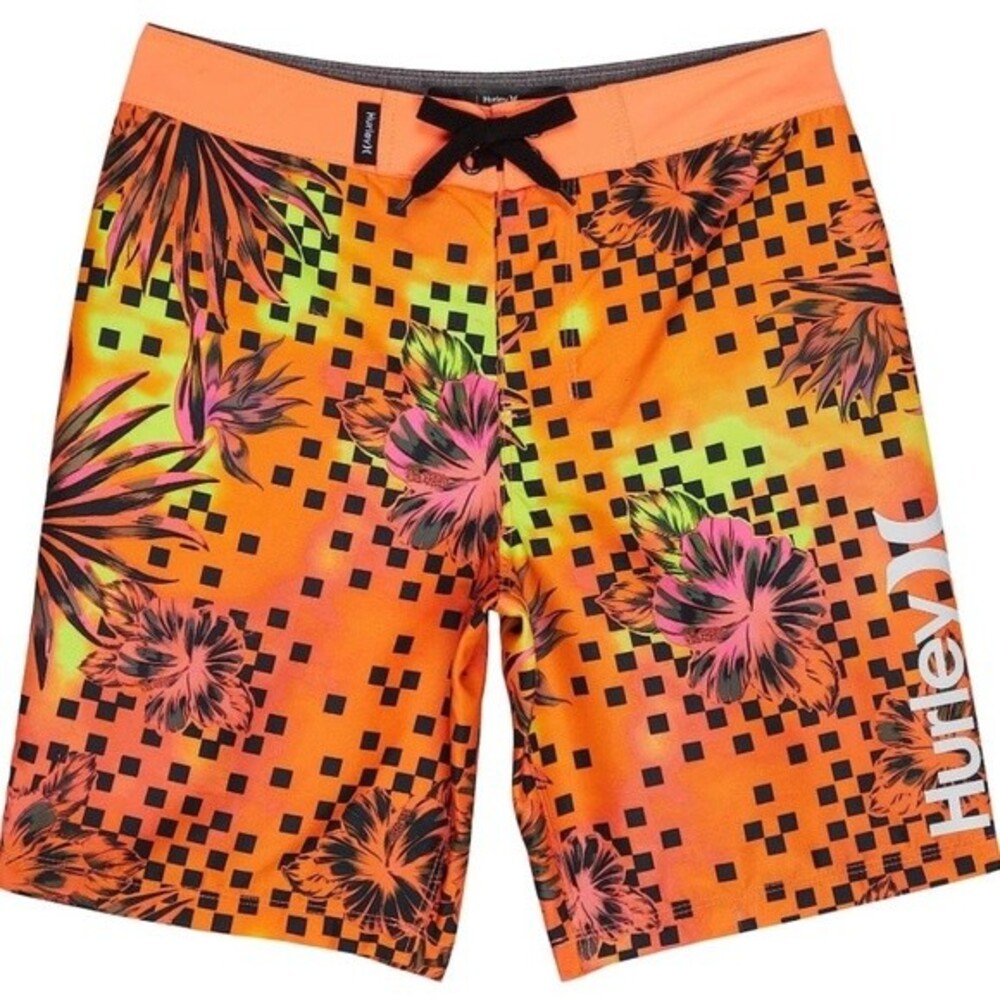 NWT Hurley Boy's Orange  Floral Checkered Boardshorts Big Kids size 18 Swim